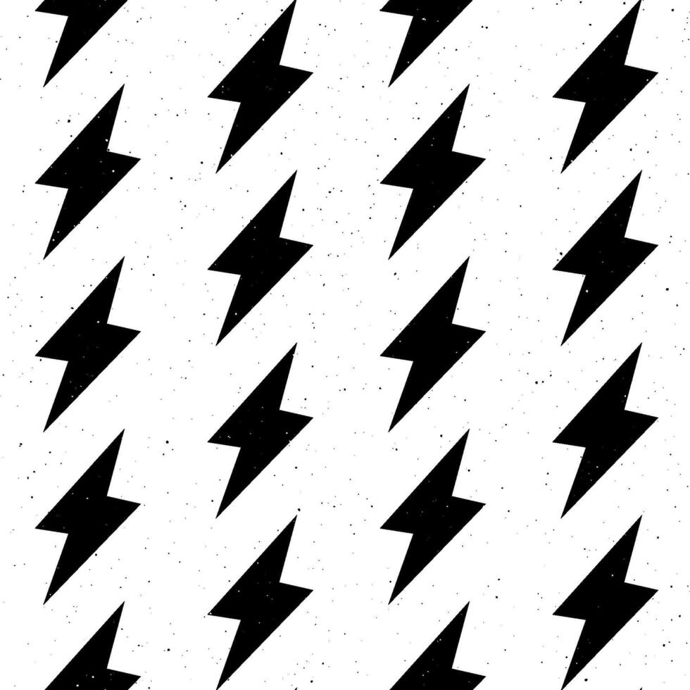 Grunge lightning bolts seamless pattern. Black thunderbolts repeating background. Textured storm and lightning strikes ornament wallpaper. Energy power or electricity voltage symbols. vector