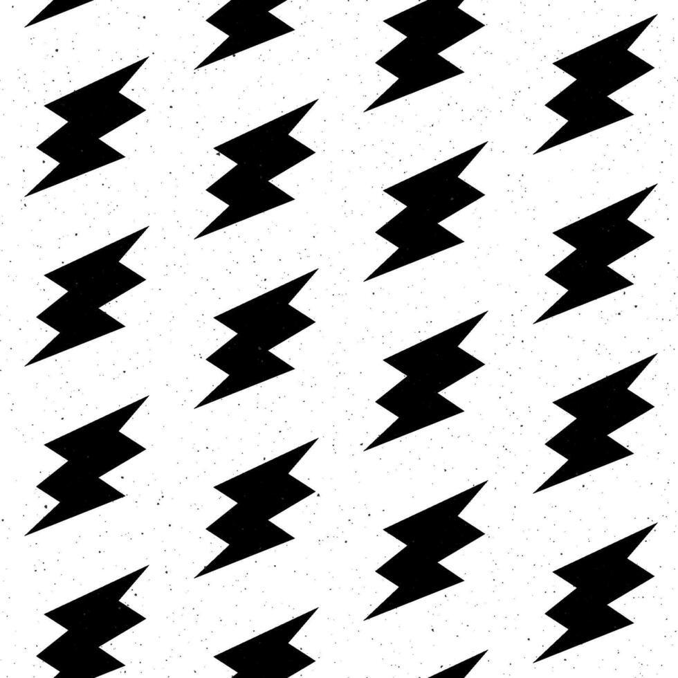 Grunge lightning bolts seamless pattern. Black thunderbolts repeating background. Textured storm and lightning strikes ornament wallpaper. Energy power or electric voltage symbols vector