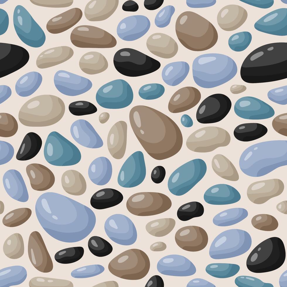 Pebble seamless pattern. Smooth stones background. Cartoon cobblestone paving texture. Sea or river pebbles or rocks repeated wallpaper vector