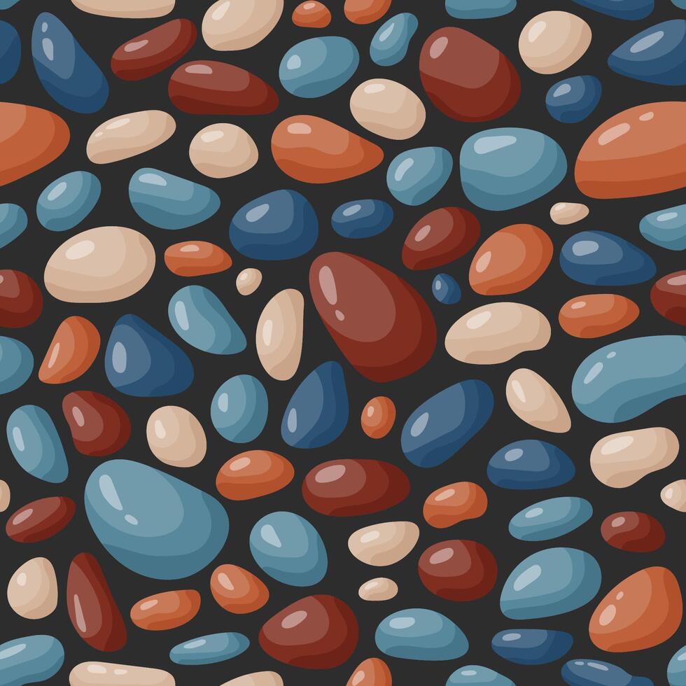 Pebble seamless pattern. Smooth stones background. Cartoon cobblestone paving texture. Sea or river pebbles, rocks repeating wallpaper vector