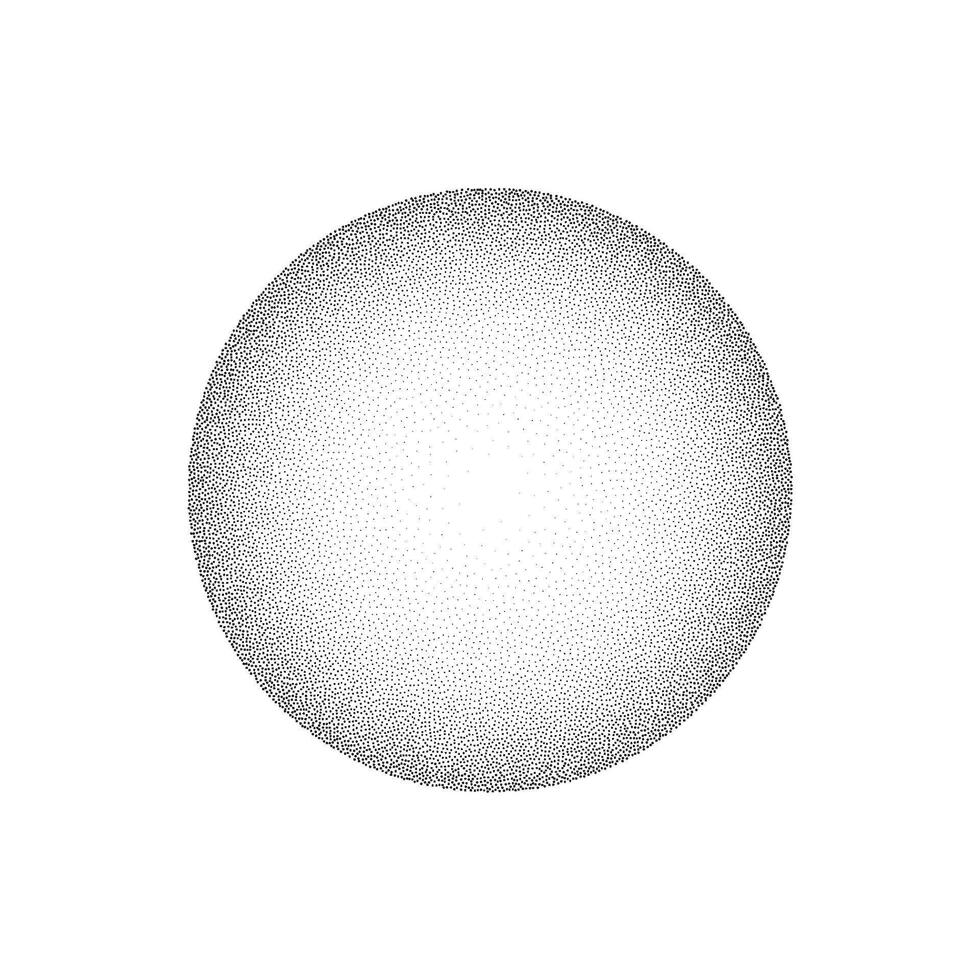 Grain circle gradient. Stippled round shape. Radial stochastic dotwork texture. Random grunge noise background. Black dots sphere. Halfton vector