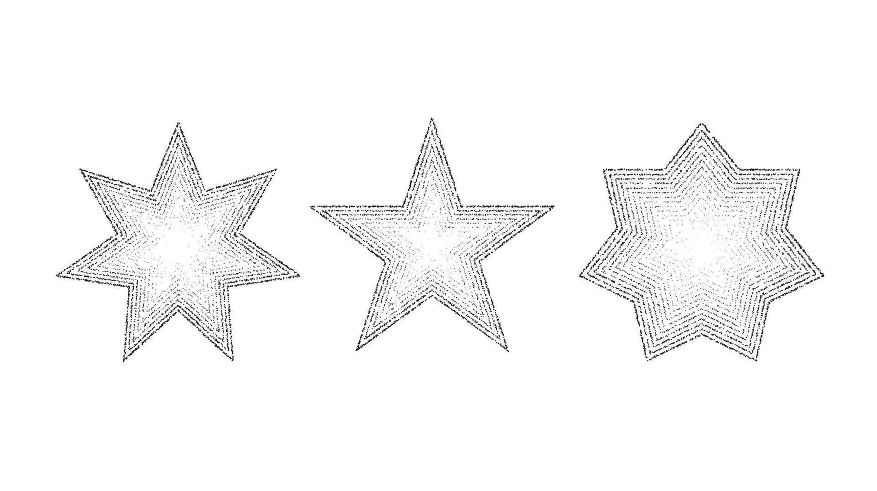 Dotted grain stars set. Black stippled shapes collection. Various noise textured asterisks. Different halftone dot work stellar forms vector