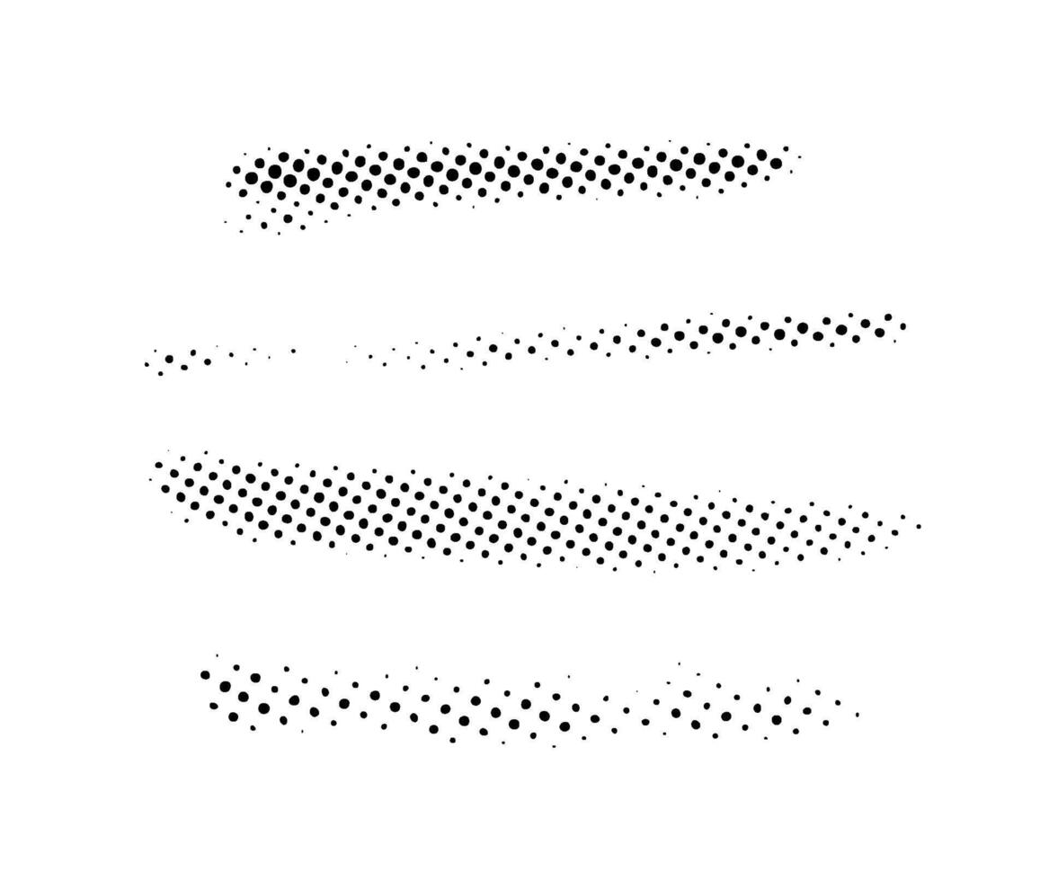 Grunge halftone strokes set. Black comic pop art stripes collection. Halftone textured spot, blot and stain shapes. Dotted design element vector