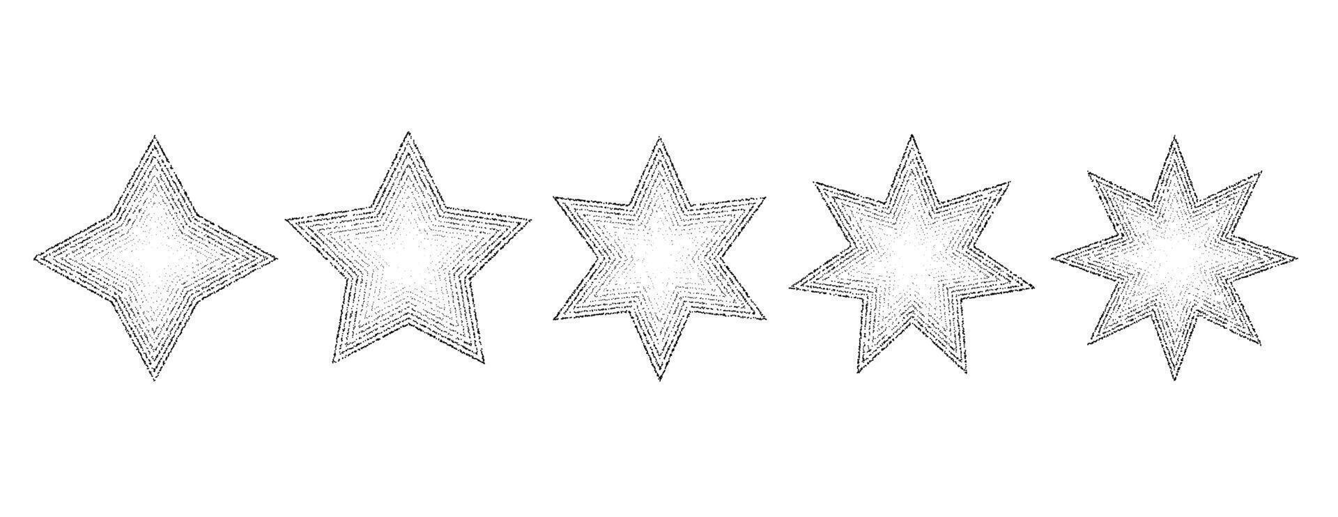 Dotted grain stars set. Black stipple shapes collection. Various noise textured asterisks. Different halftone dot work stellar forms. stochastic vector