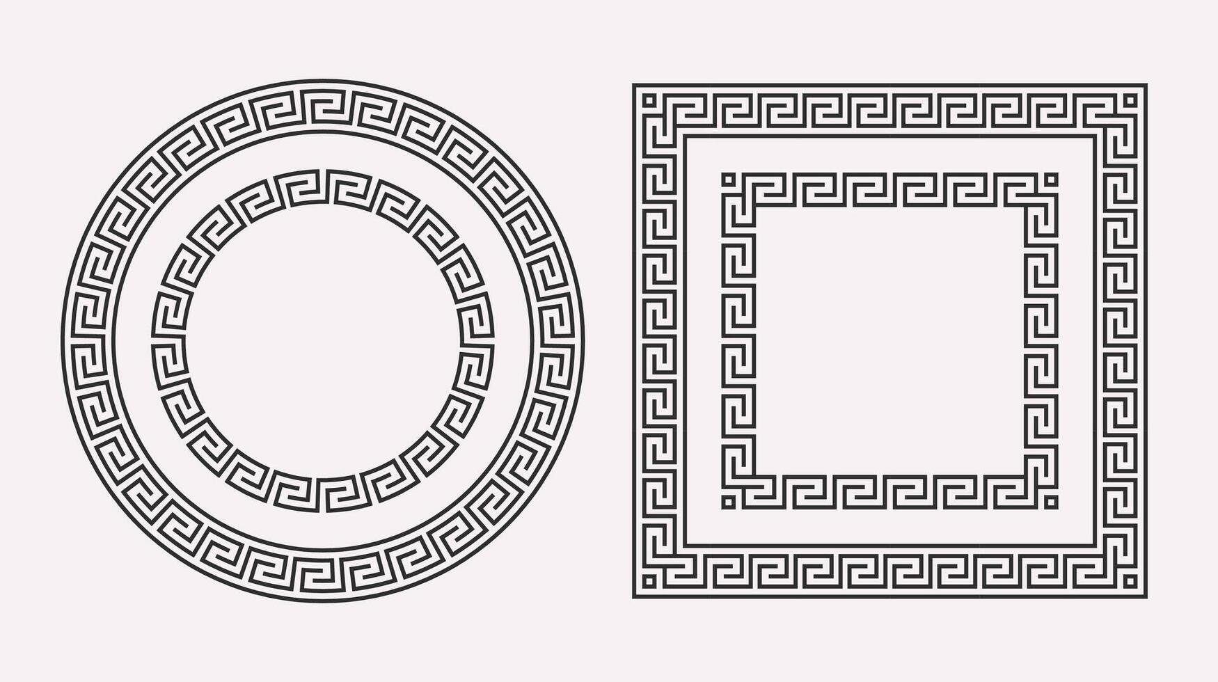 Greek Lines ornament frames set. Circle and square meander pattern collection. Ancient Greek fret borders. Geometric meandros motif. vector