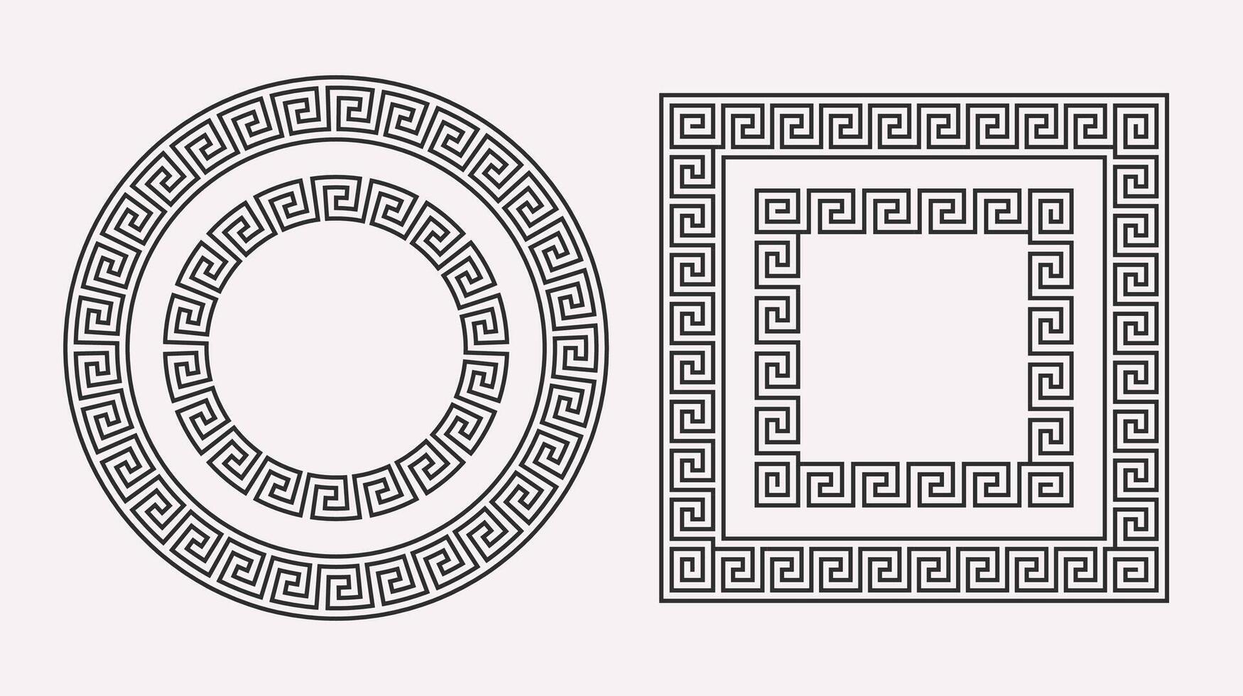 Greek ornament frames set. Circle and square meander patterns collection. Ancient Greek fret borders. Geometric meandros motif. decorations vector