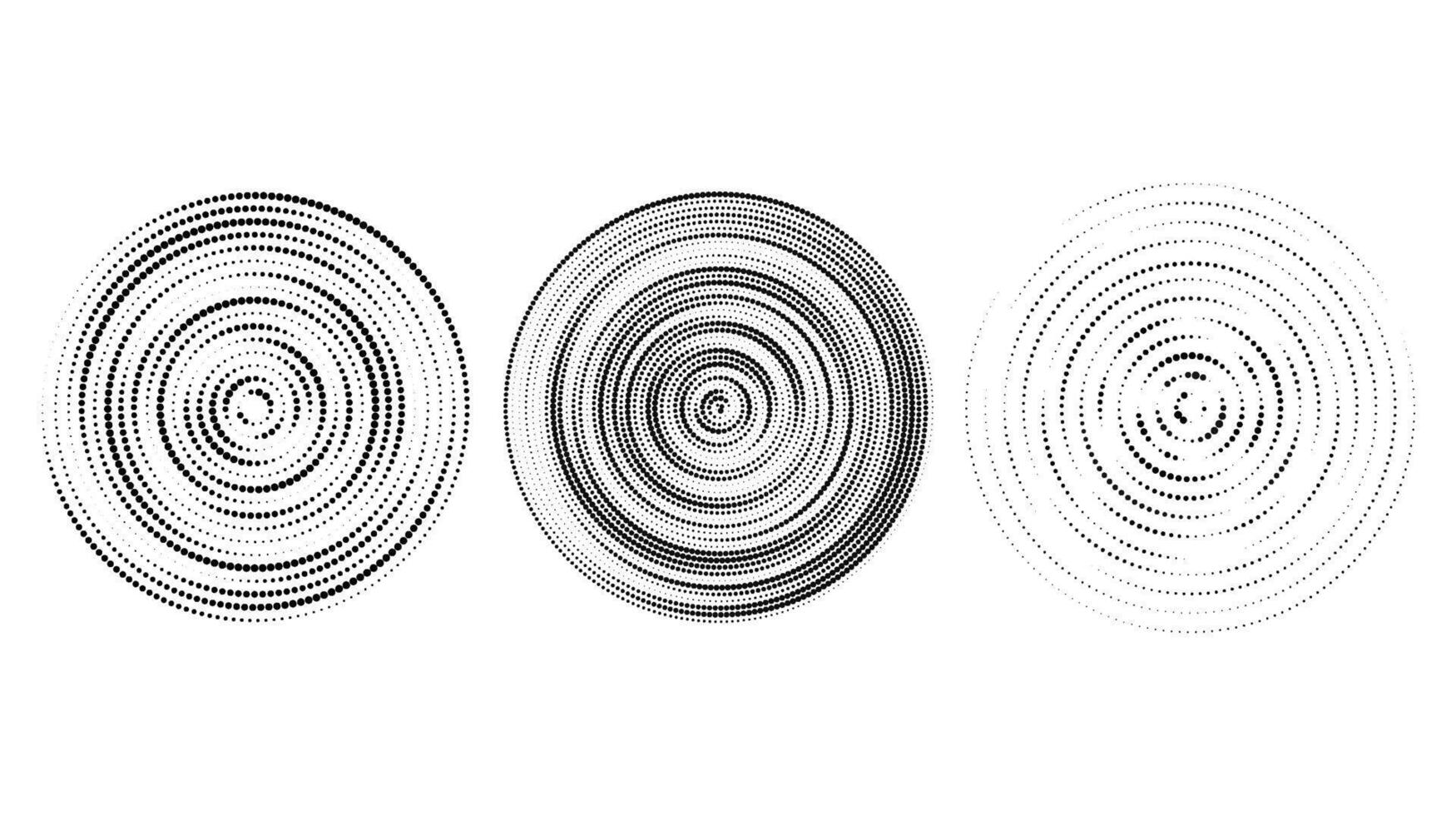 Concentric halftone circles set. Dotted sound wave rings collection. Epicentre, target, radar icon concept. Radial signal, vibration or water elements. vector