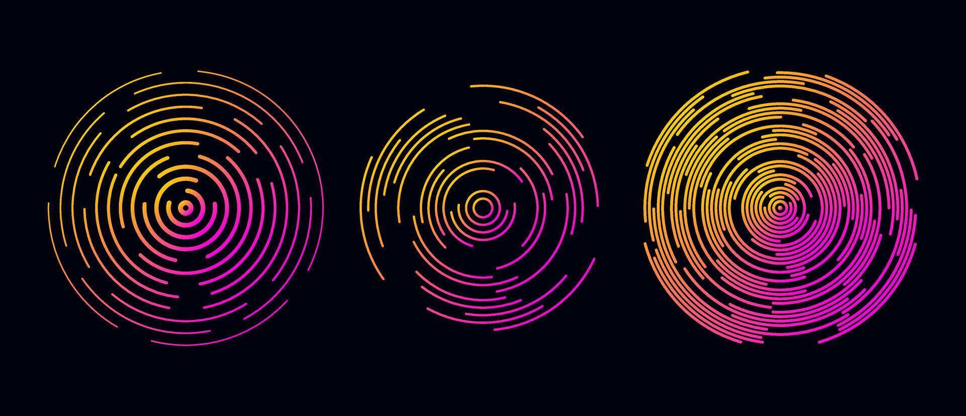 Concentric circle segments set in dark theme. Rippled round patten collection. Yellow pink sound wave rings. Epicenter, target, radar icon concept. Radial signal or vibration elements. vector