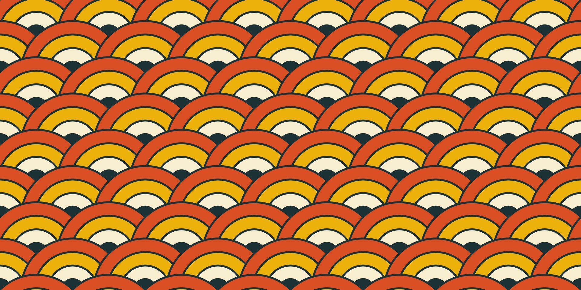 Retro concentric semi circles pattern. Oriental arc ornament seamless background. Vintage abstract geometric texture in 70s or 80s style. Colourful fabric and textile design. vector