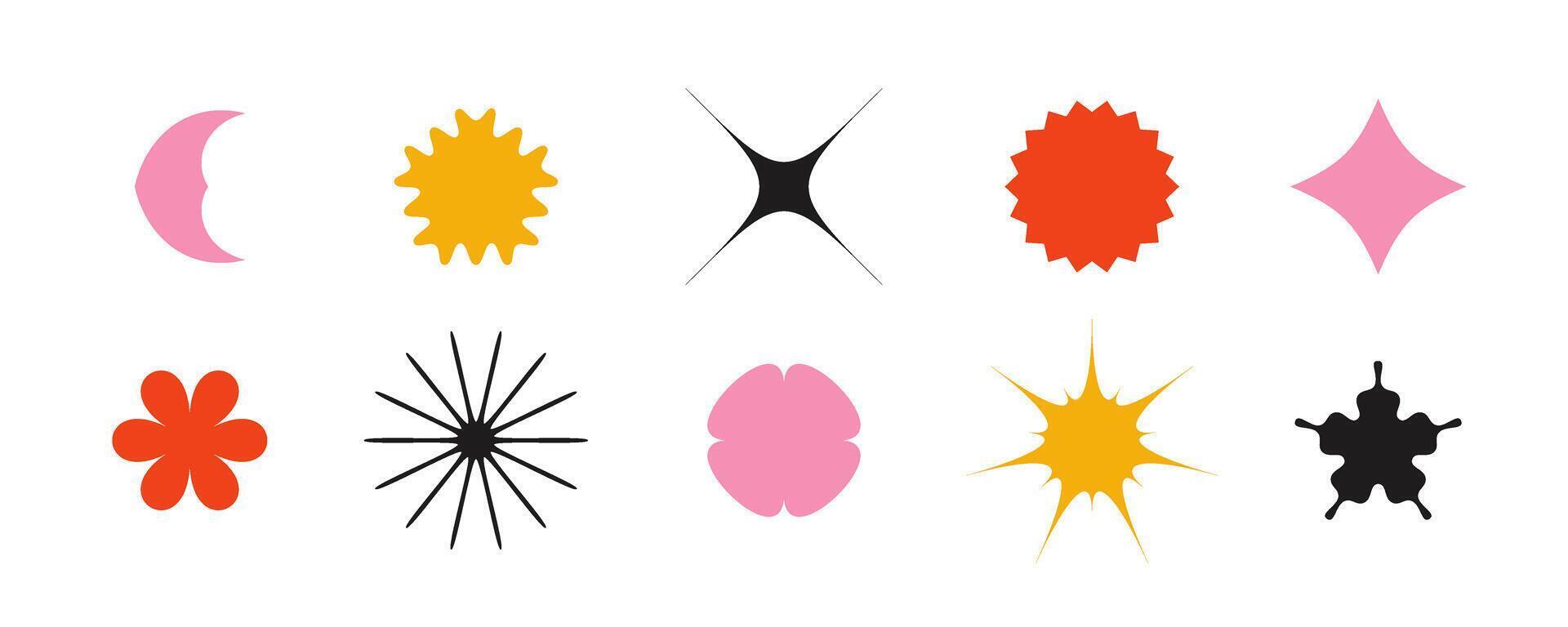 Abstract stars and flowers shapes collection. Primitive geometric forms in Swiss or bauhaus style. Brutalist elements set for posters, banners, collages. vector