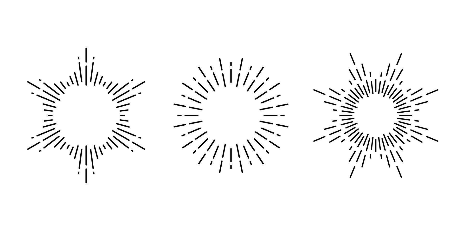 Retro sunburst frames set. Vintage sunlight rays collection. Stylized sunshine, radial rays, sunbeams, firework, stars light, explosion symbols. elements vector