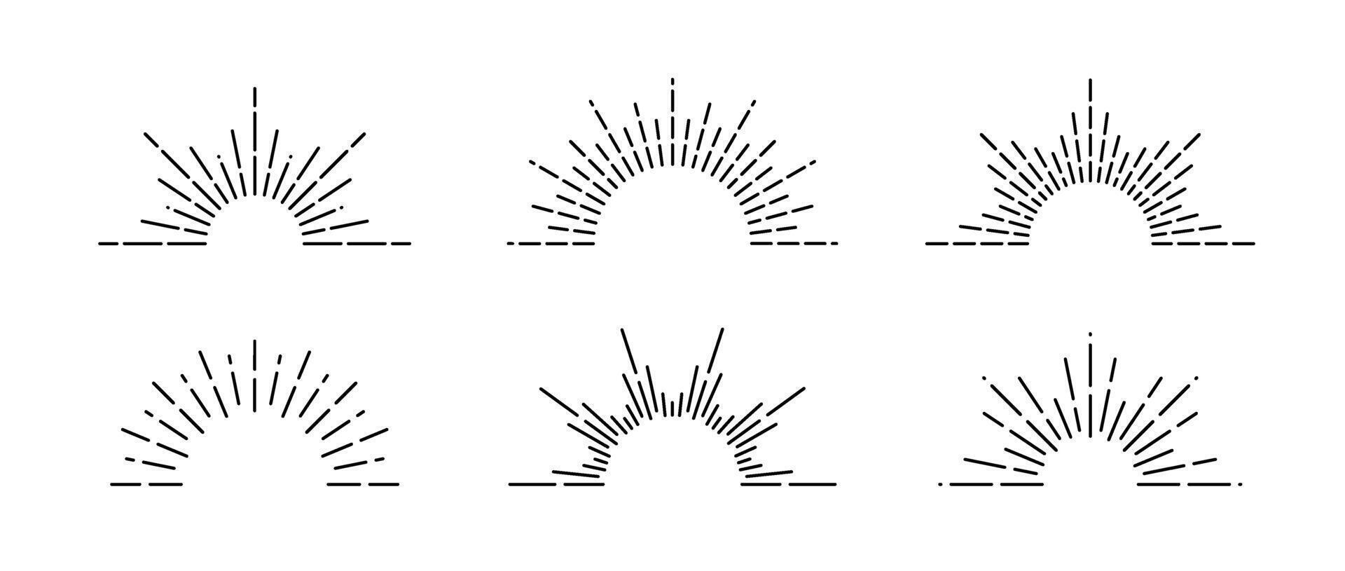 Half sunburst frame set. Linear sunrise and sunset symbols collection. Radial sunshine light rays pack. Retro sunbeam shapes. Design elements for logo, label, badge, poster. vector