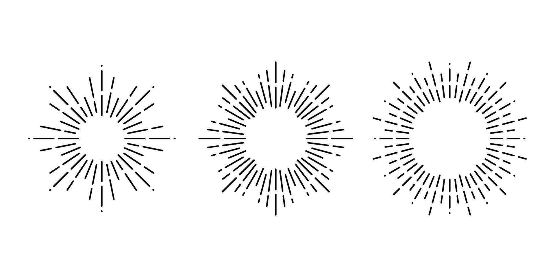 Retro sunburst frames set. Vintage sun light rays collection. Stylized sunshine, radial rays, sunbeams, firework, sparks, sparkles, explosion symbols pack. line elements vector
