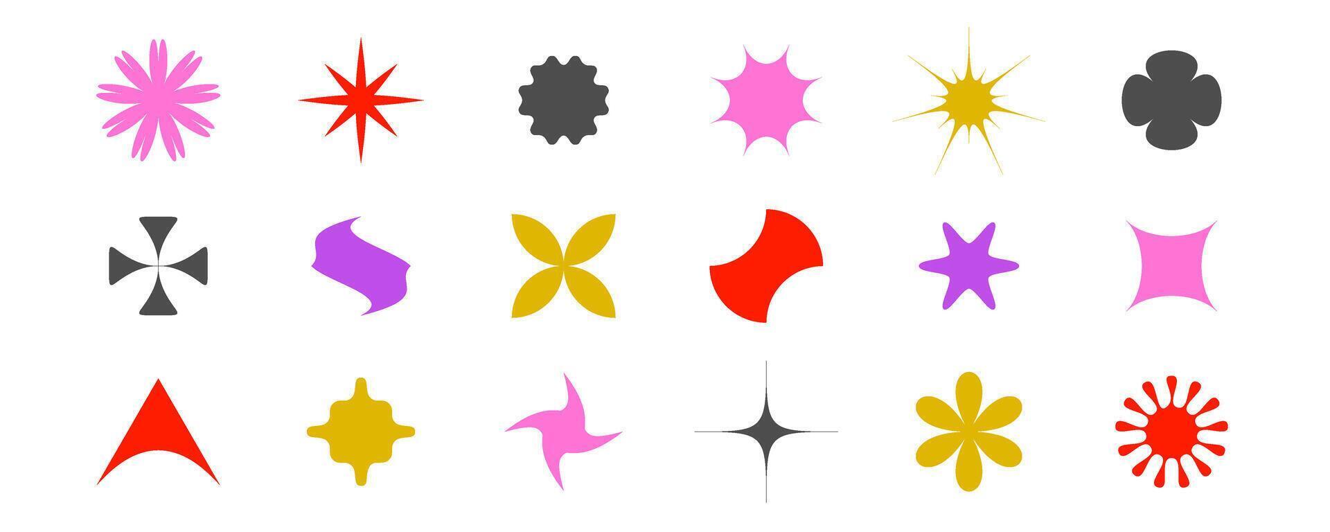 Abstract stars, flowers, waves, sunburst shapes collection. Primitive geometric forms in Swiss, bauhaus or Memphis style. Brutalist elements pack for poster, banner, collage. Signs bundle. vector