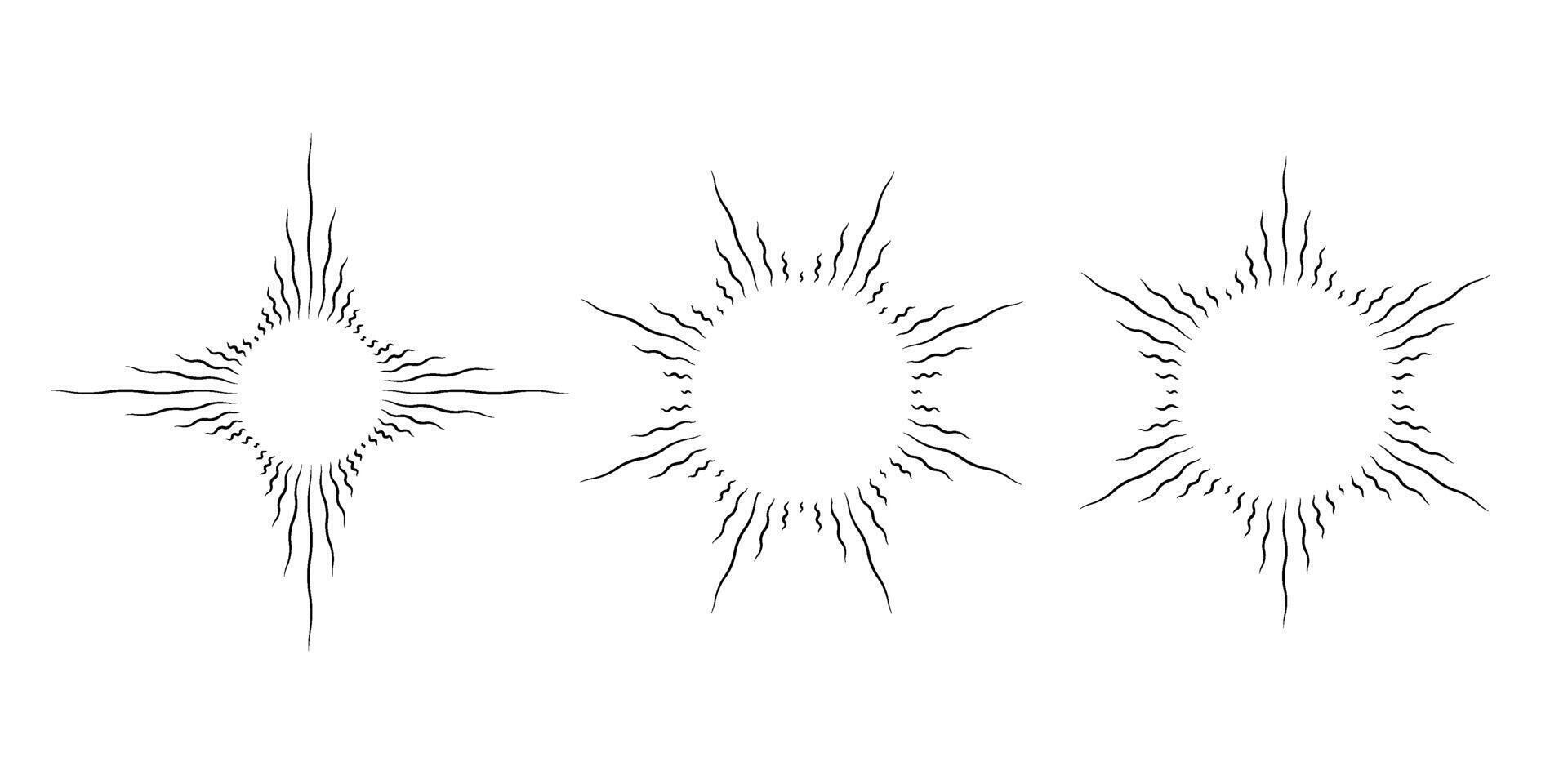 Retro curved sunburst frame set. Vintage wavy sunlight rays collection. Warped curved circle sunbeams design elements for logo, labels, badges, banners. pack vector