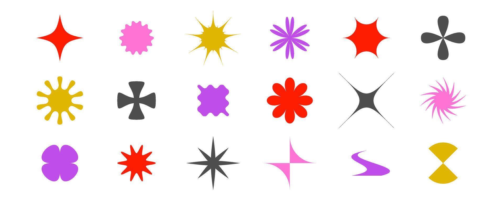 Primitive geometric forms collection. Abstract stars, flowers, crosses, sunburst shapes in Swiss, bauhaus or Memphis style. Brutalist elements pack for poster, banner, collage. Signs bundle. vector