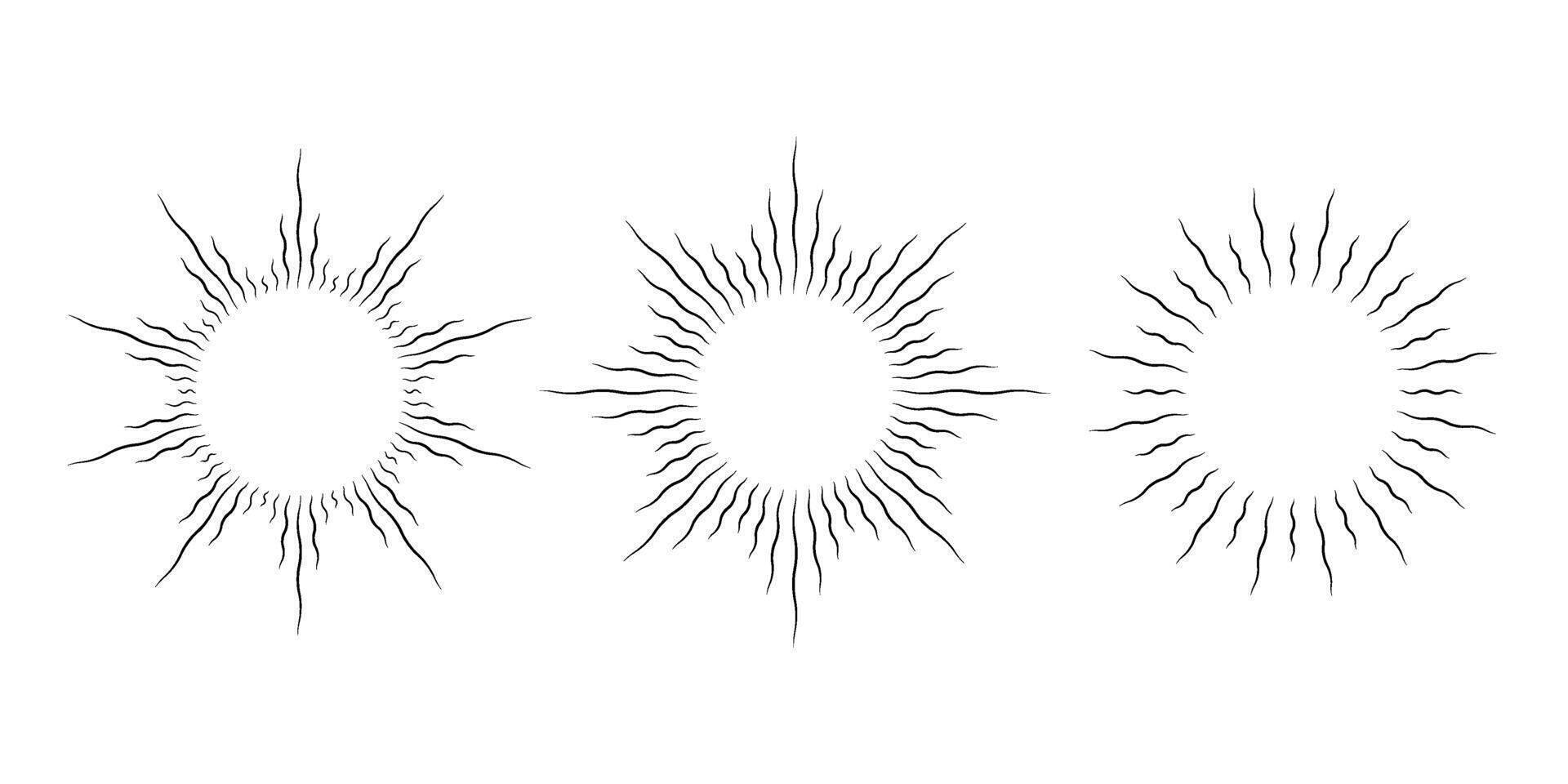 Retro curved sunburst frame set. Vintage wavy sunlight rays pack. Warped and curved circle sunbeams design elements for logo, labels, badges, banners. collection vector
