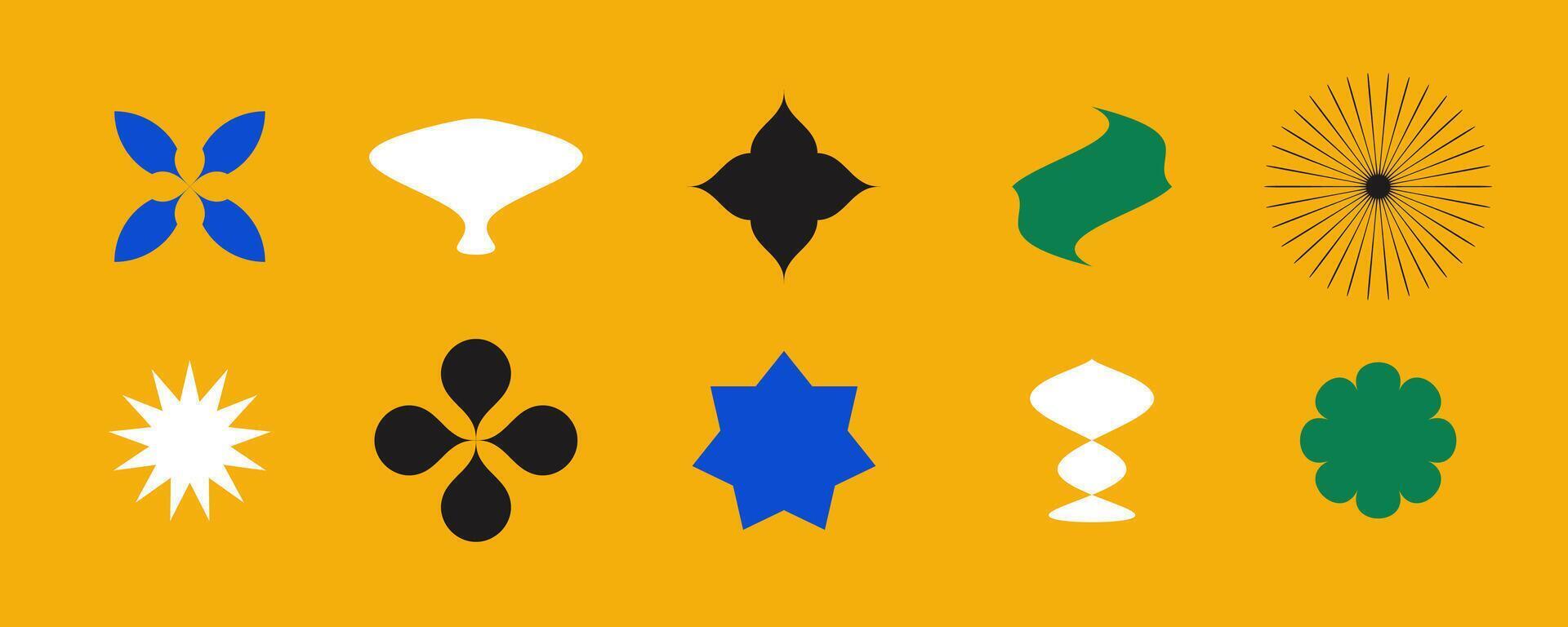 Abstract stars, flowers, waves shapes collection. Primitive geometric forms in Swiss or bauhaus style. Brutalist elements set for posters, banners, collages. . vector