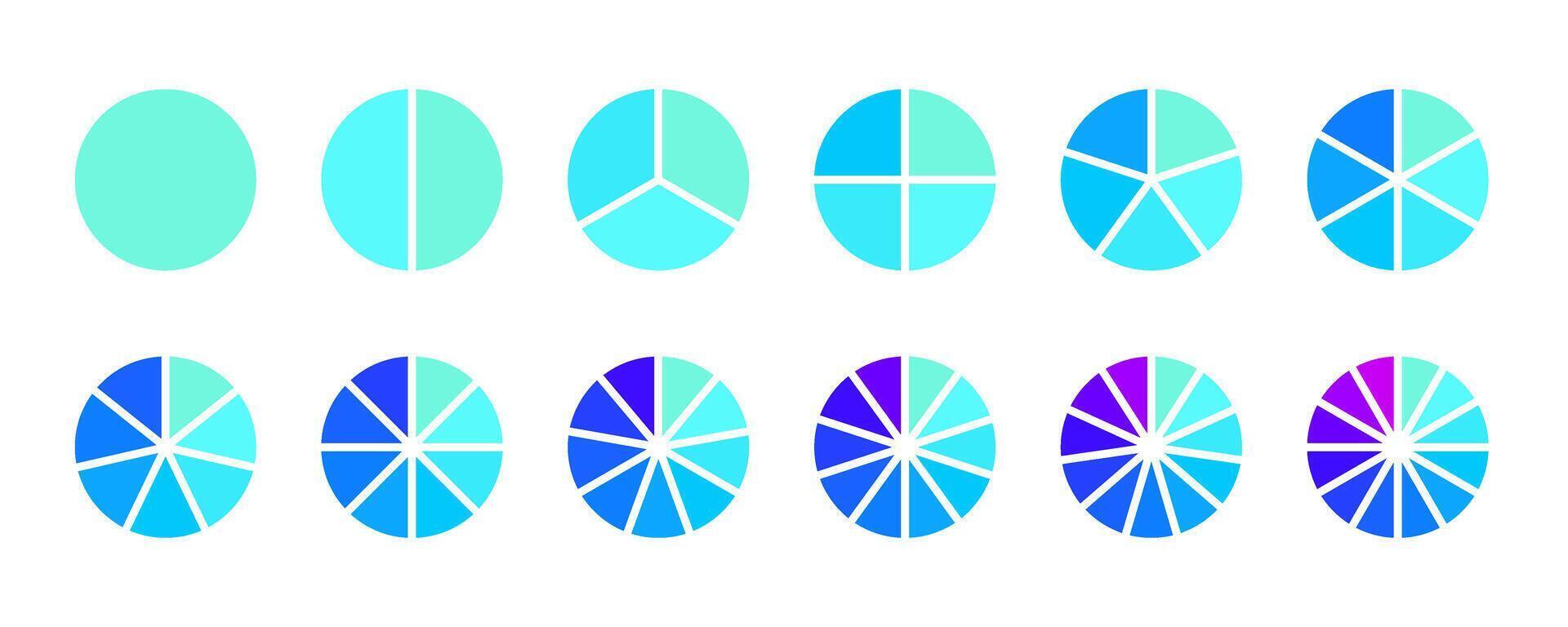 Circle segments collection. Pie diagrams set in blue purple colors. Round sections and slices pack. From 1 to 12 segments of infographic charts. Different phases and stages of cycle. vector