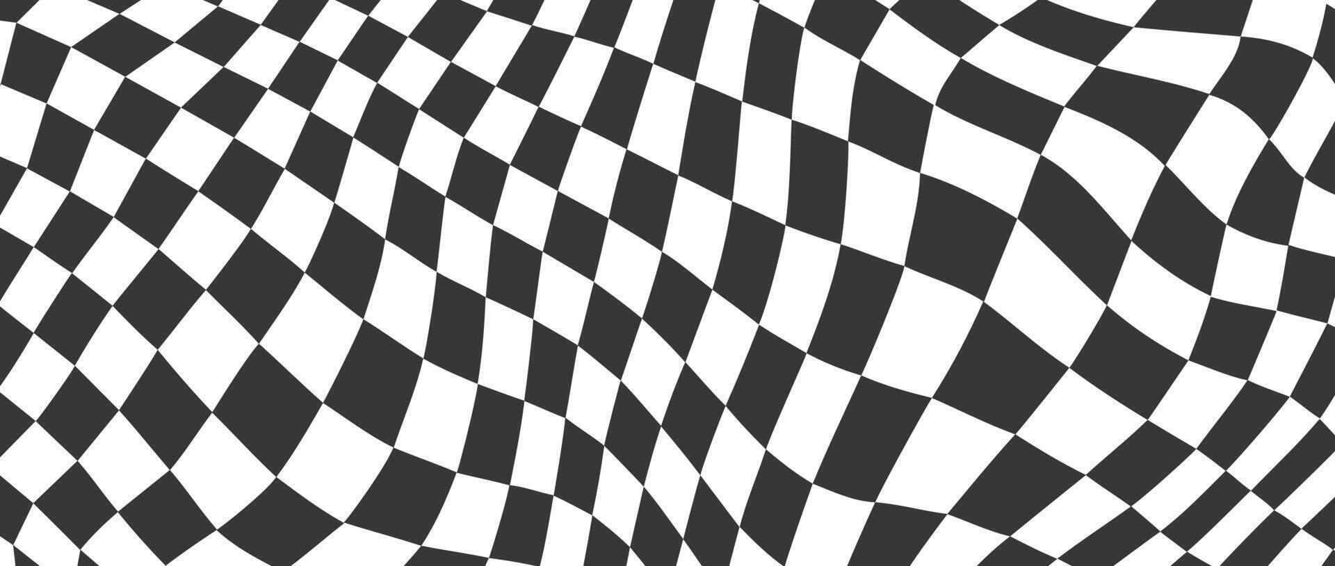 Trippy checkerboard background. Black and white retro psychedelic checkered wallpaper. Wavy groovy chessboard surface. Distorted and twisted geometric pattern. Abstract vector