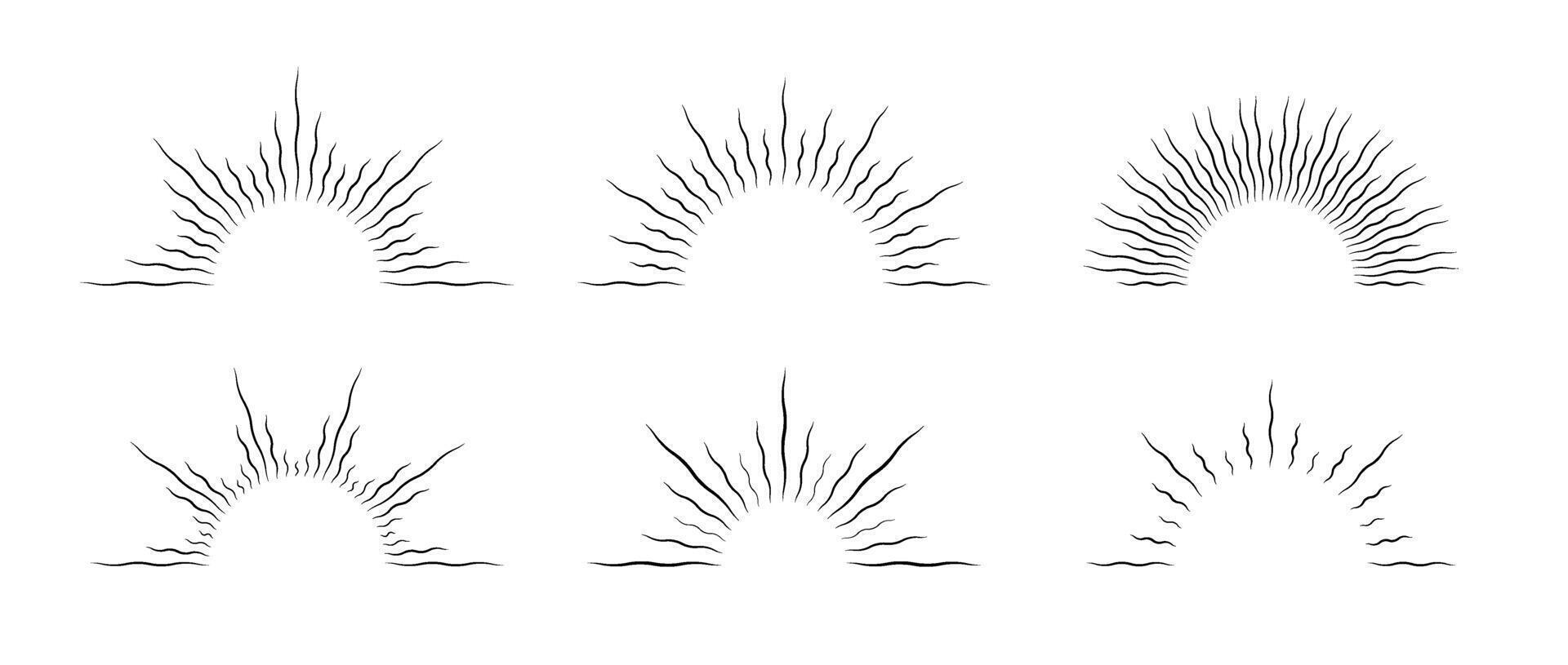 Half curved sunburst frame set. Vintage sunrise and sunset collection. Warped half circle sunlight rays pack. Retro sunbeams design element for logo, label, badge, banner, icon. vector