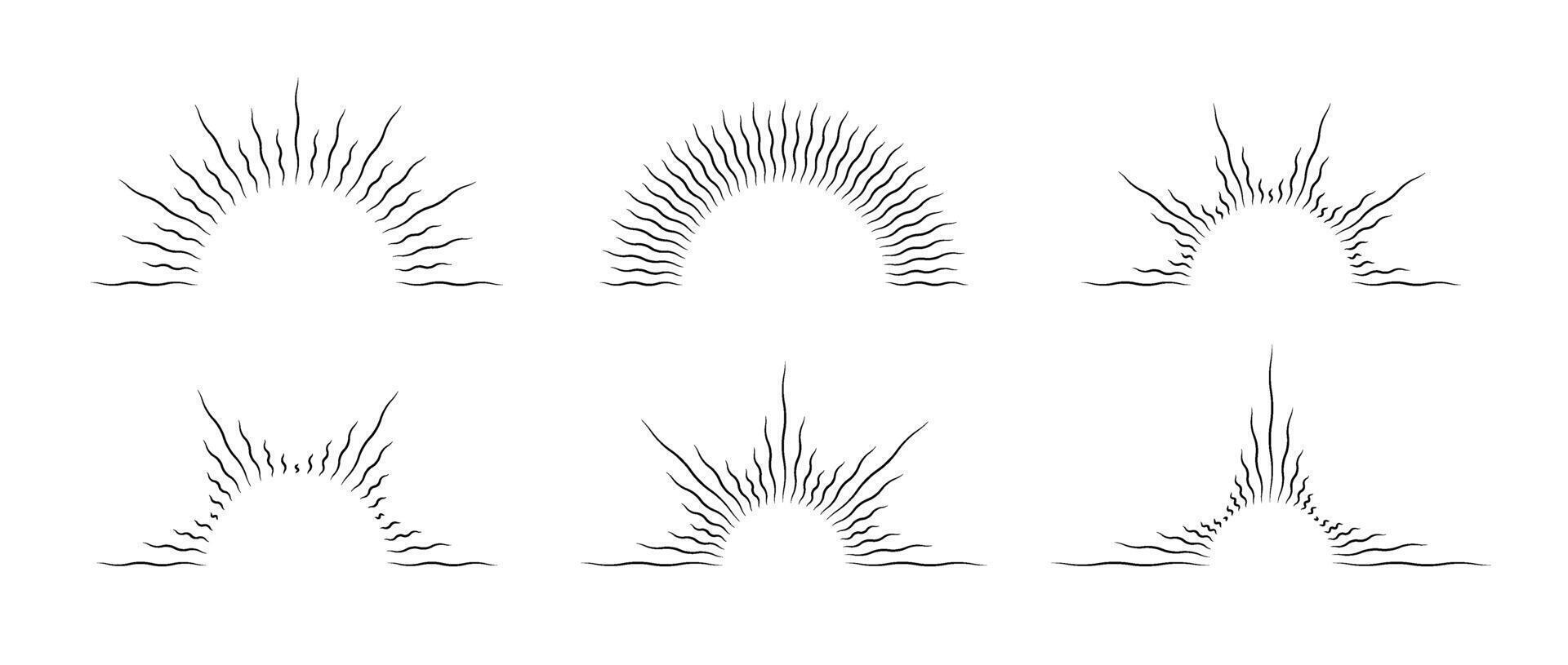 Half curved sunburst frame set. Vintage sunrise and sunset collection. Warped half circle sunlight rays pack. Retro sunbeams design element for logo, labels, badges, banners. vector