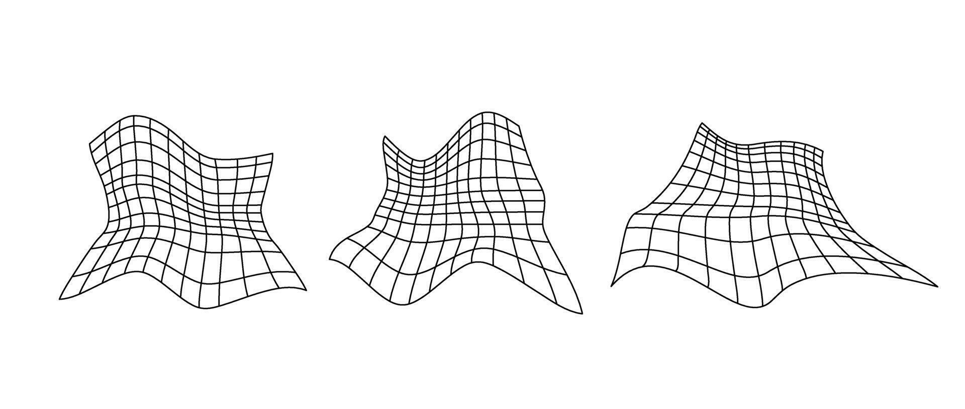 Distorted perspective grid set. Glitch rectangle plane pack. Wavy futuristic elements bundle. Ripple wireframes. abstract background. vector