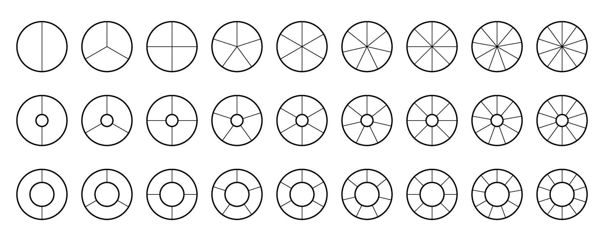 Donut and pie chart segments collection. Wheel and circle diagrams set. Outline sections and slices pack. From 2 to 10 segments of infographic charts. Different phases and stages of cycle. vector