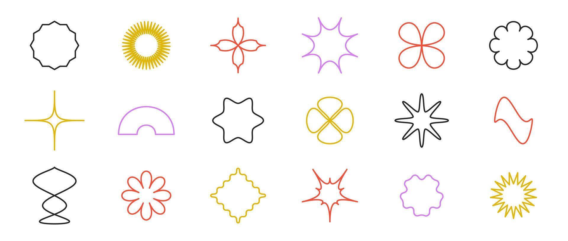 Abstract outline stars, flowers, waves shapes set. Primitive line geometric forms collection in Swiss, bauhaus or Memphis style. Elements bundle for poster, banner, collage. Sign pack vector