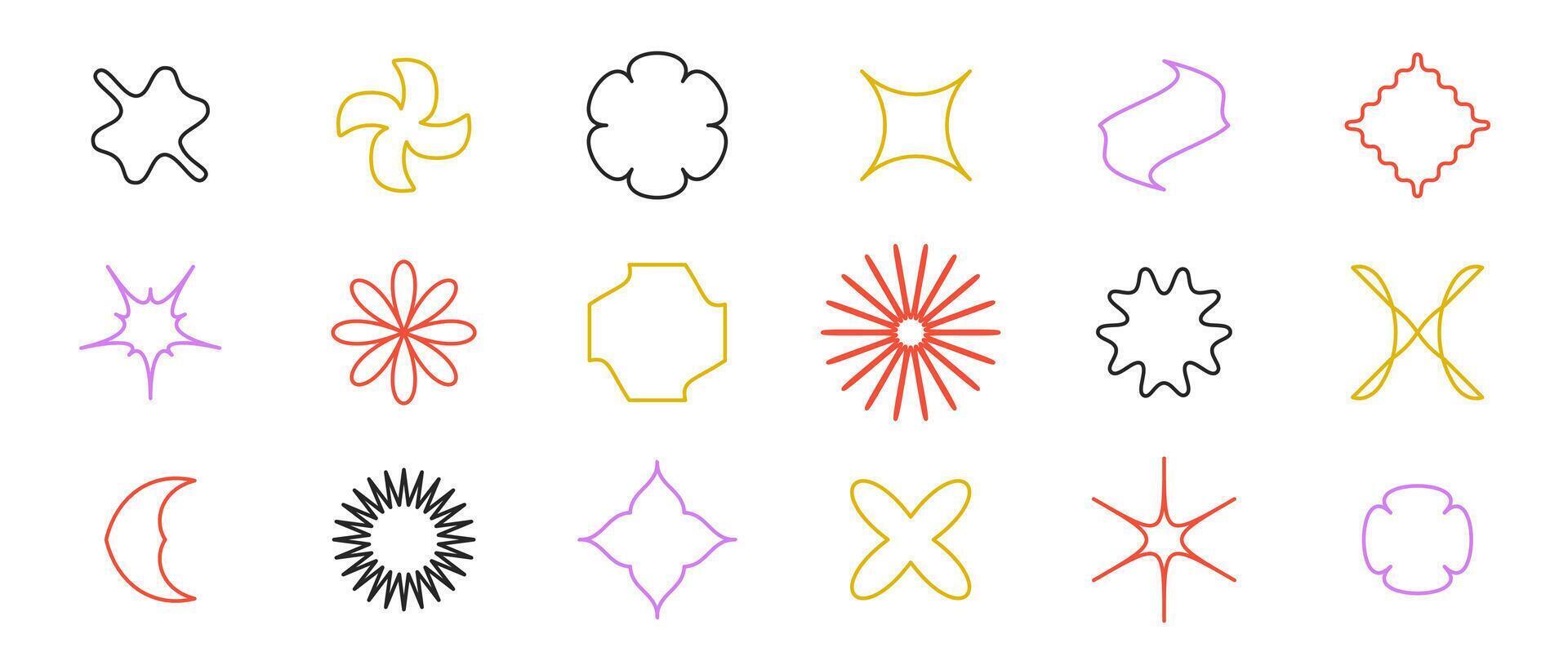 Abstract outline stars, flowers, waves, crosses shapes set. Primitive line geometric forms collection in Swiss, bauhaus or Memphis style. Elements bundle for poster, banner, collage. Sign pack vector