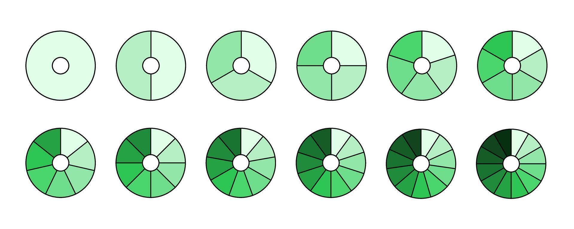 Donut chart segments collection. Wheel diagrams set in green shades color. Outline sections and slices pack. From 1 to 12 segments of infographic charts. Different phases and stages of cycle. vector