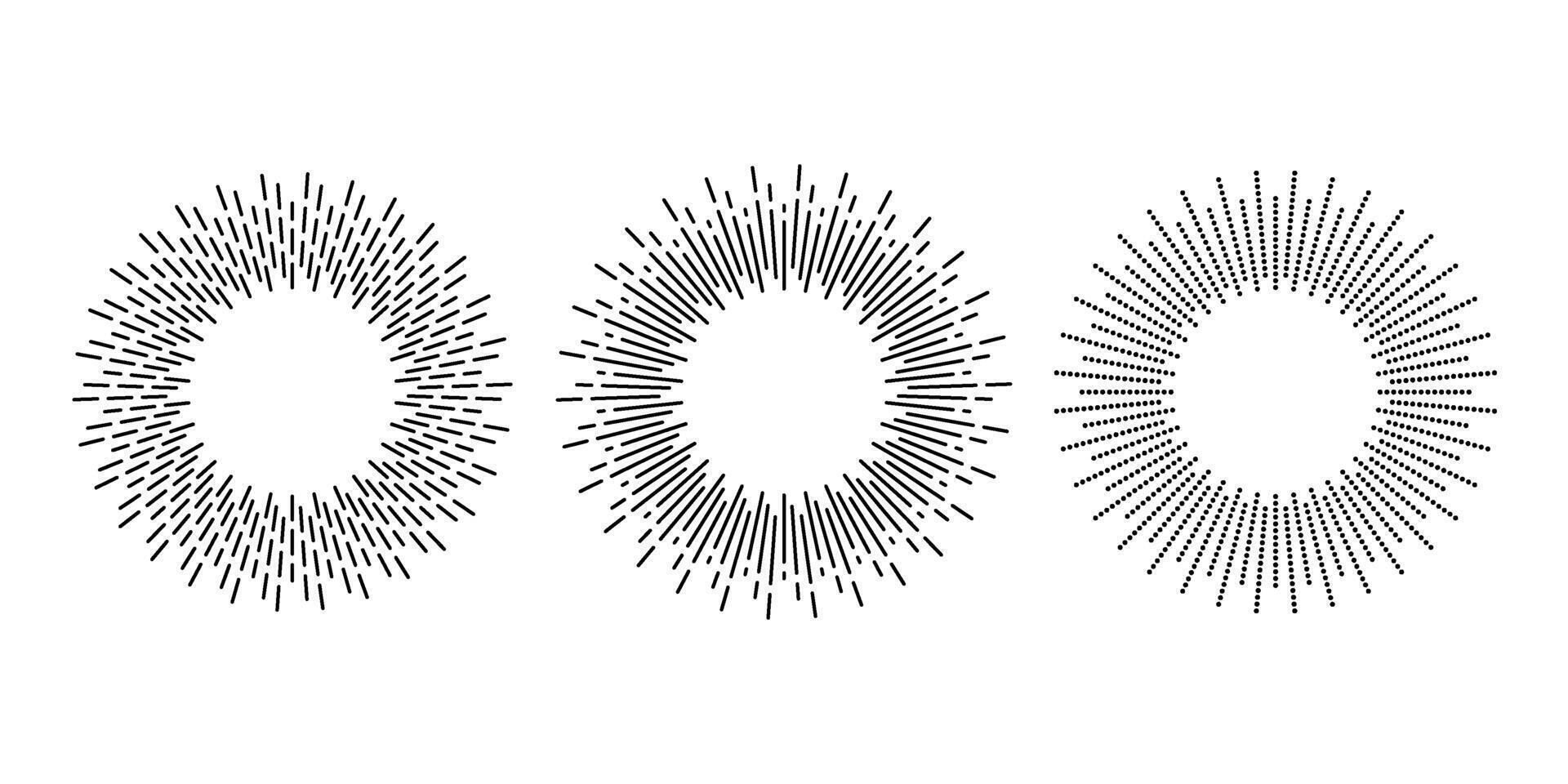 Retro sunburst frames set. Vintage sunlight rays element collection. Radial rays, sunbeams, firework, explosion for emblem, logo, tag, stamp, banner. Design elements vector
