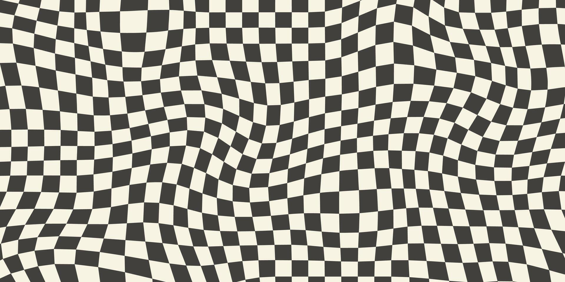 Trippy checkerboard background. Retro psychedelic checkered wallpaper. Wavy groovy chessboard surface. Distorted geometric pattern. Abstract monochrome backdrop vector