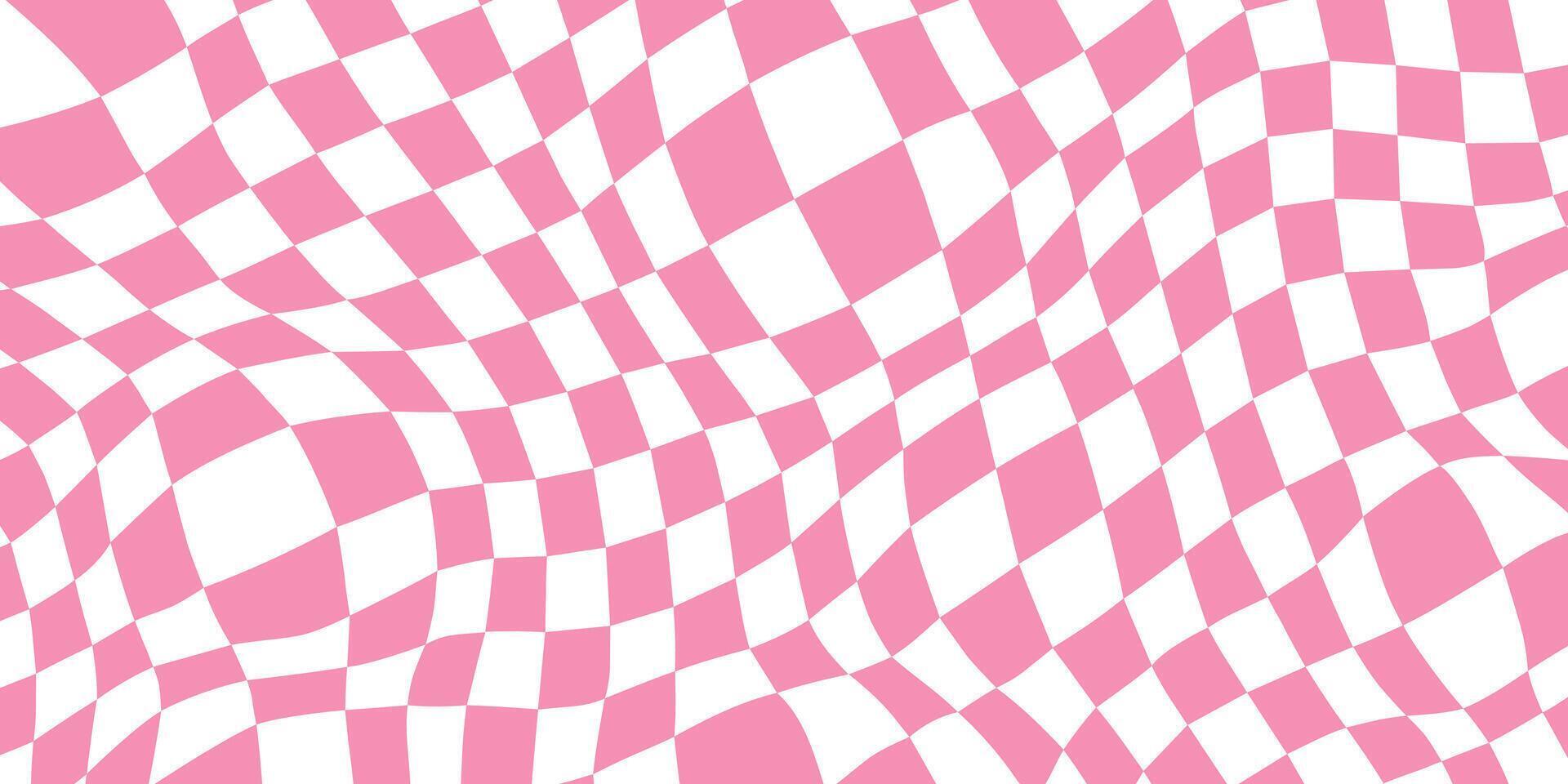 Retro distorted checkerboard background. Pink trippy psychedelic checkered wallpaper. Wavy groovy chessboard surface. Abstract twisted geometric pattern. vector