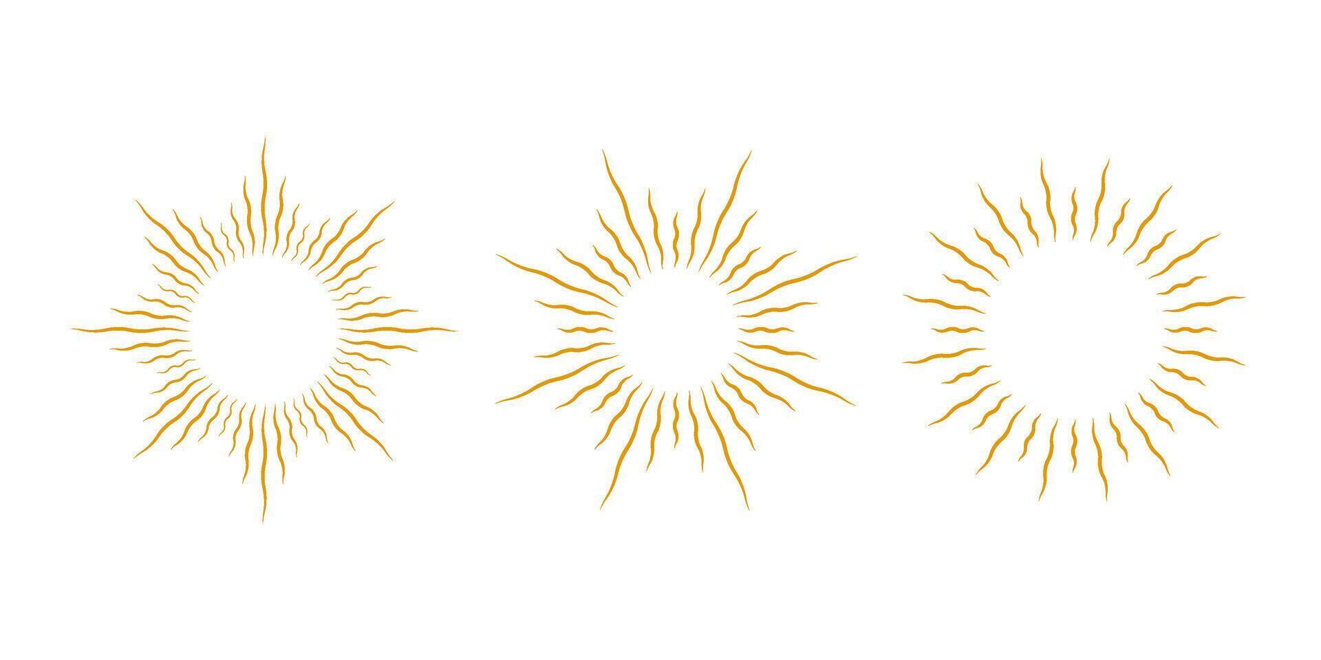 Gold sunburst frames set. Retro sun light rays element collection. Vintage golden radial rays, sunbeams, firework or explosion for emblem, logo, tag, stamp, banner, sticker. elements vector