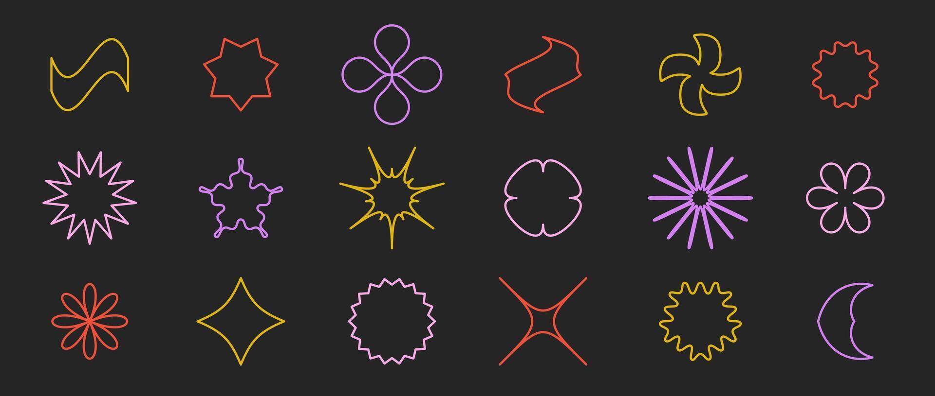 Outline stars, flowers, crosses, waves shapes set. Primitive linear abstract forms collection in Swiss, bauhaus, Memphis style on dark background. Element for poster, banner, collage. bundle vector