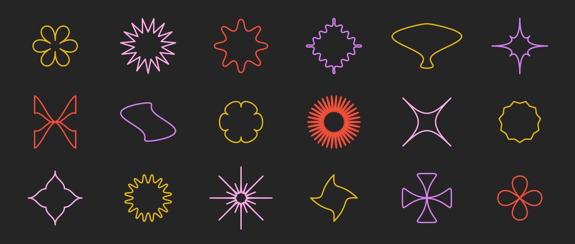Outline stars, flowers, crosses, curves shapes set. Primitive linear abstract forms collection in Swiss, bauhaus, Memphis style on dark background. Element for poster, banner, collage. bundle vector