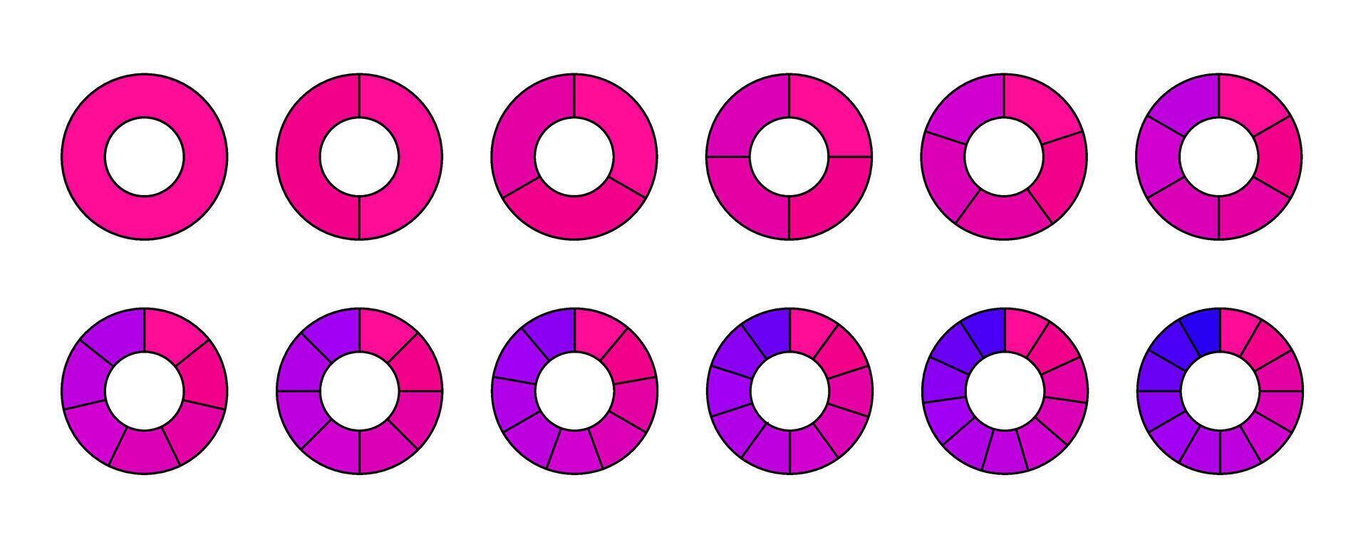 Donut chart segments collection. Wheel diagrams set in pink purple colors. Outline sections and slices pack. From 1 to 12 segments of infographic charts. Different phases and stages of cycle. vector