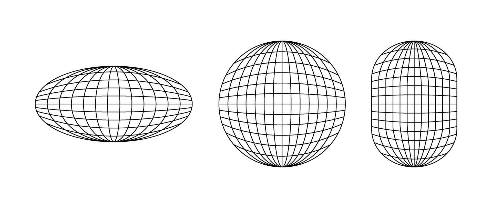 Wireframe shapes. Sphere, ellipse. Globe grid frame elements set. Geometric round net. Outline graphic design collection. vector