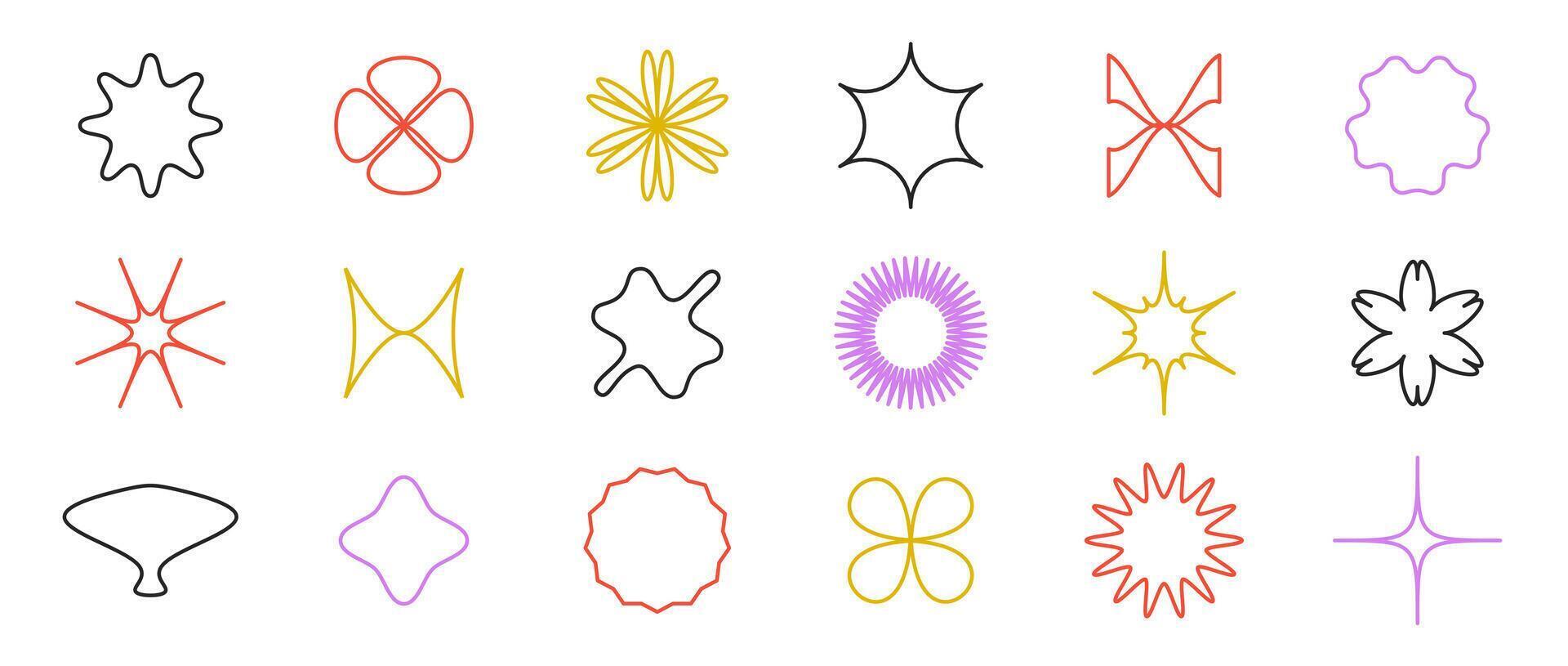 Abstract outline stars, flowers, crosses shapes set. Primitive line geometric forms collection in Swiss, bauhaus or Memphis style. Elements bundle for poster, banner, collage. Sign pack vector