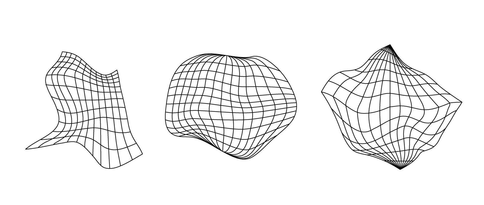 Distorted wireframe elements collection. Geometric surface grid set. Distorted rhomb and sphere shapes and wavy perspective plane. Geometric bundle for posters, flyers, collages, templates. vector