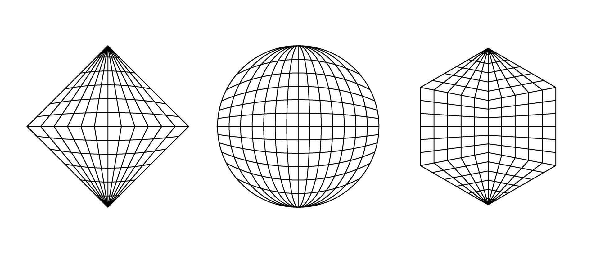 Wireframe shapes. Sphere, prism, octahedron net. Geometric grid frame elements set. Outline graphic design collection vector