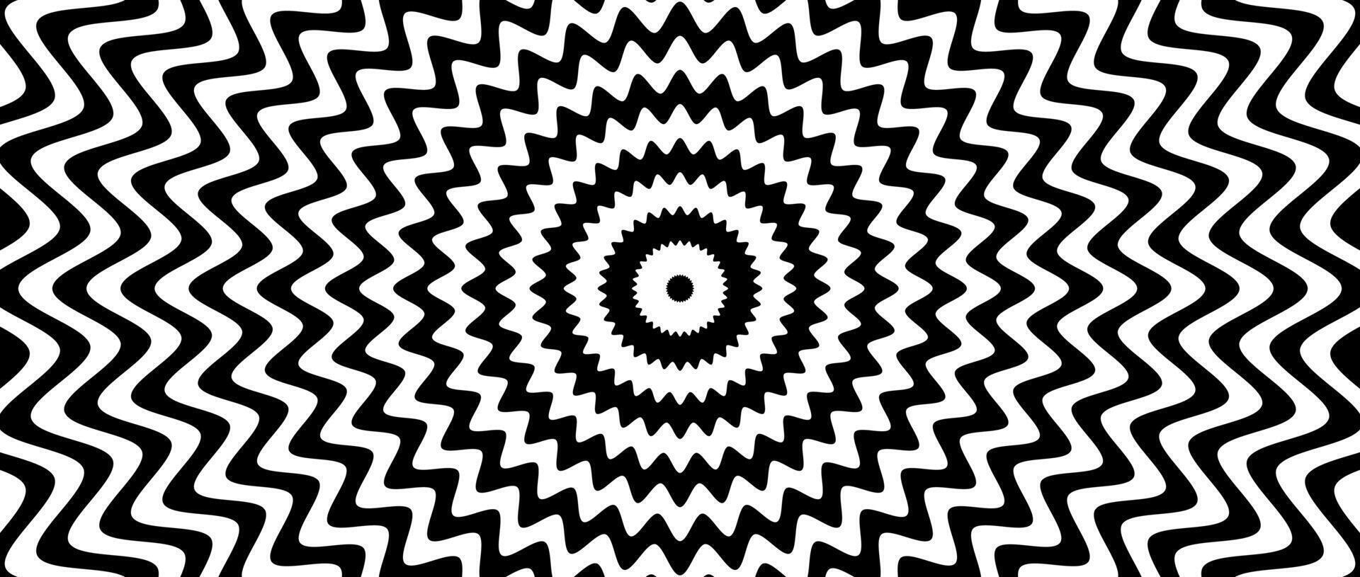 Radial optical illusion background. Black and white abstract wave lines surface. Poster design. Concentric torsion spiral illusion wallpaper. vector