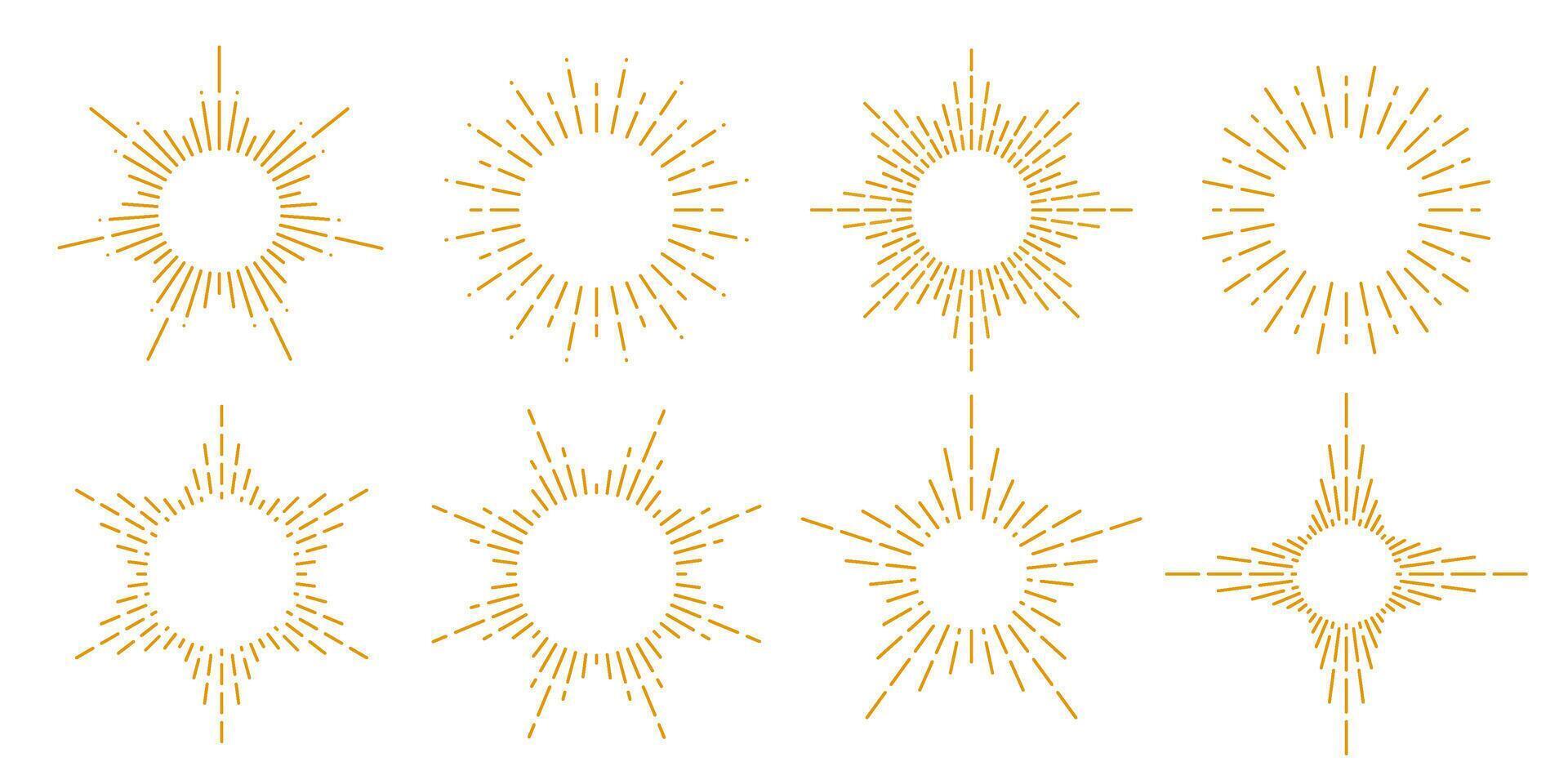 Gold sunburst frames set. Retro sun light rays collection. Vintage golden radial rays, sunbeams, firework or explosion for emblem, logo, tag, stamp, banner, sticker. elements bundle vector