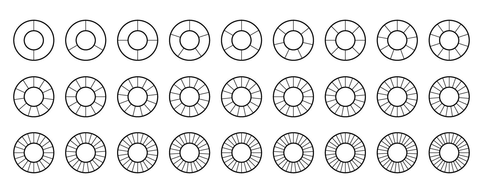 Donut chart segments collection. Wheel diagrams set. Outline ring sections and slices pack. From 2 to 28 sectors of infographic charts. Different phases and stages of cycle. vector
