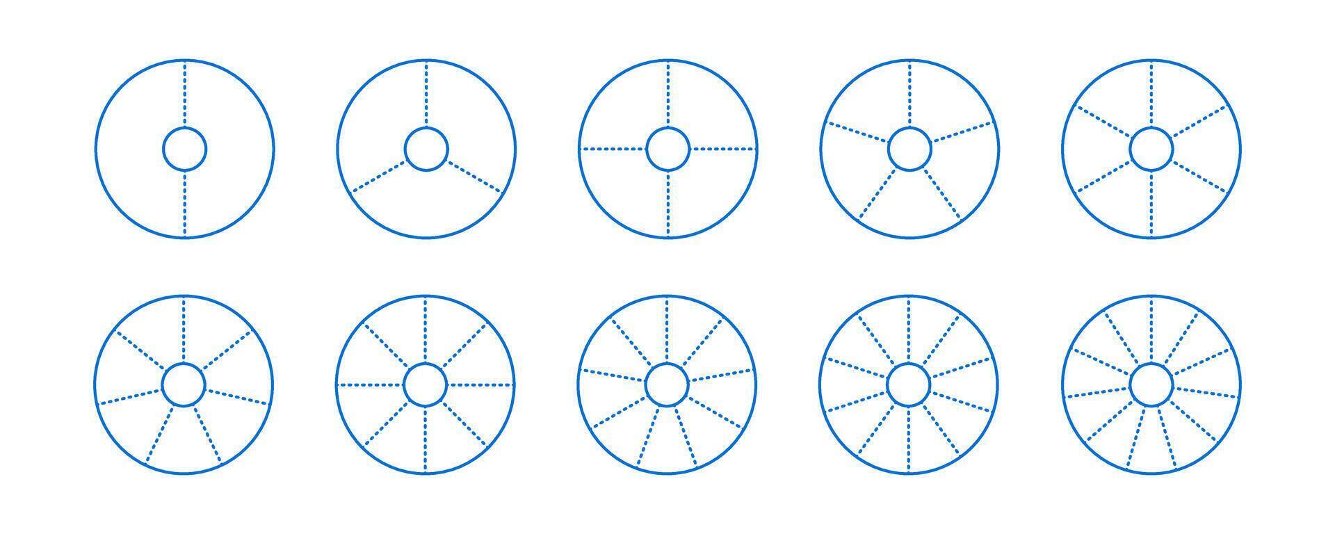 Donut chart segments collection. Wheel diagrams set. Outline ring sections and slices pack. From 2 to 11 sectors of infographic charts. Different phases and stages of cycle. vector
