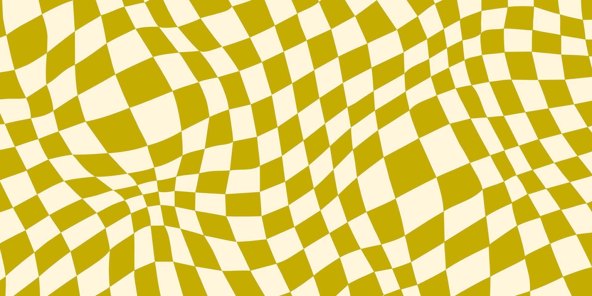 Distorted checkerboard background. Green retro psychedelic checkered wallpaper. Wavy groovy chessboard surface. Trippy twisted geometric pattern. Abstract vector