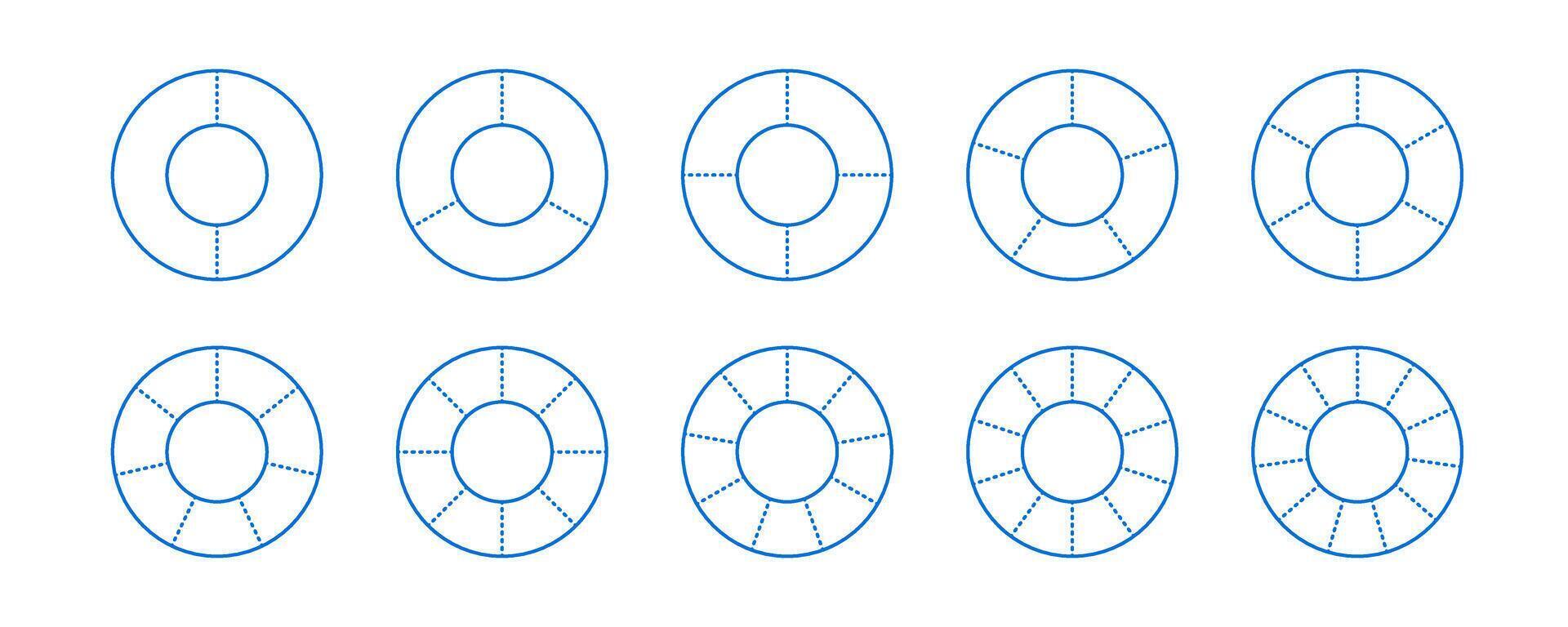 Donut chart segments set. Wheel diagrams pack. Blue outline ring sections and slices collection. From 2 to 11 sectors of infographic charts. Different phases and stages of cycle. vector