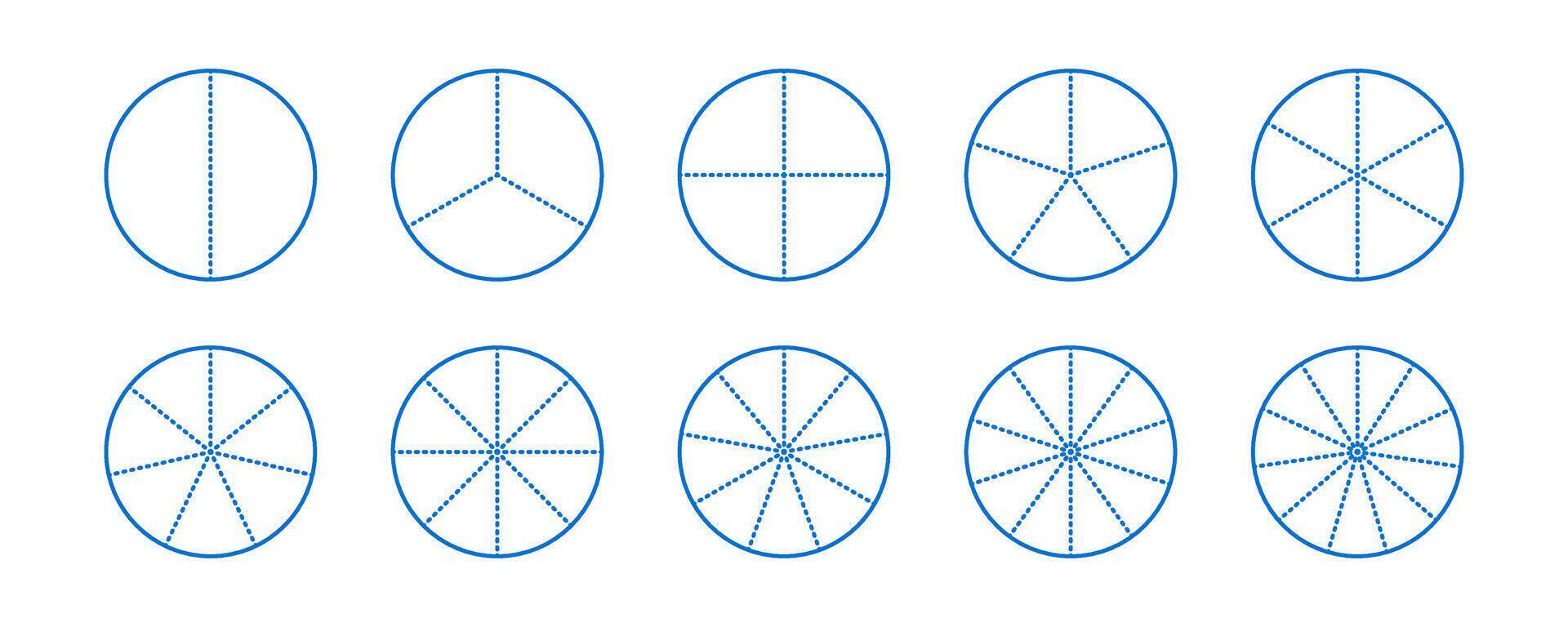 Circle segments collection. Pie diagrams set. Round sections and slices pack. Dotted segments from 2 to 11 of infographic charts. Different phases and stages of cycle. vector