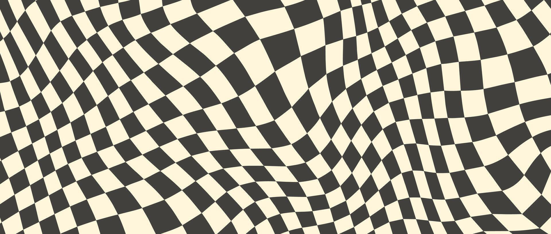 Trippy checkerboard background. Retro psychedelic checkered wallpaper. Wavy groovy chessboard surface. Distorted geometric pattern. Abstract backdrop vector